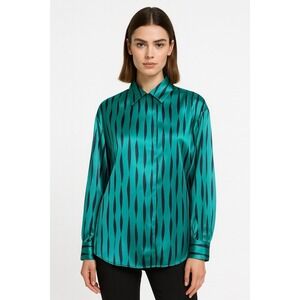 Jebb Levy Women's Blouse Size 6 Teal Satin Striped Long Sleeve Button Front